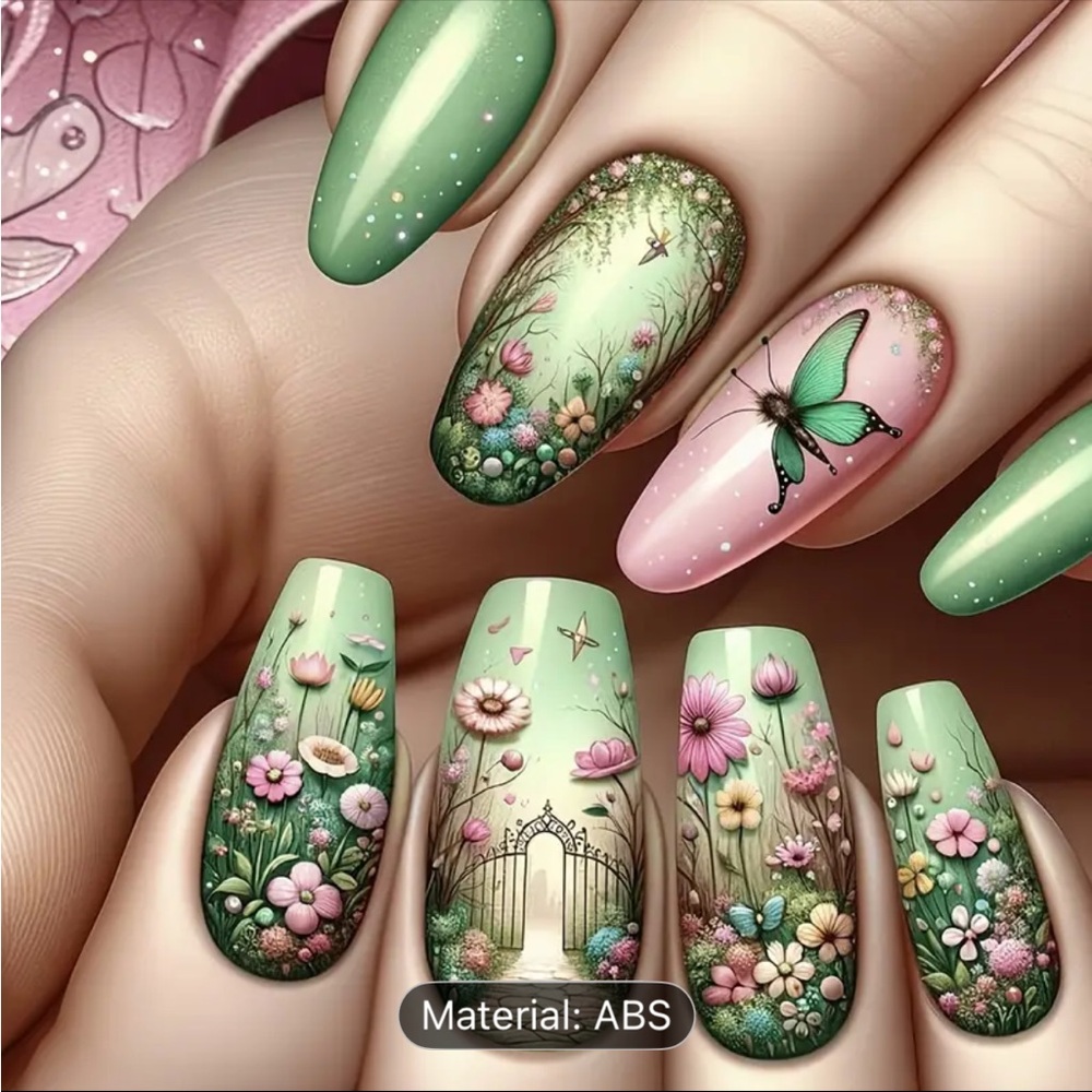 Colorful Butterfly & Floral Nail Art Press-On Nails Glossy Designs - Picture 3 of 5